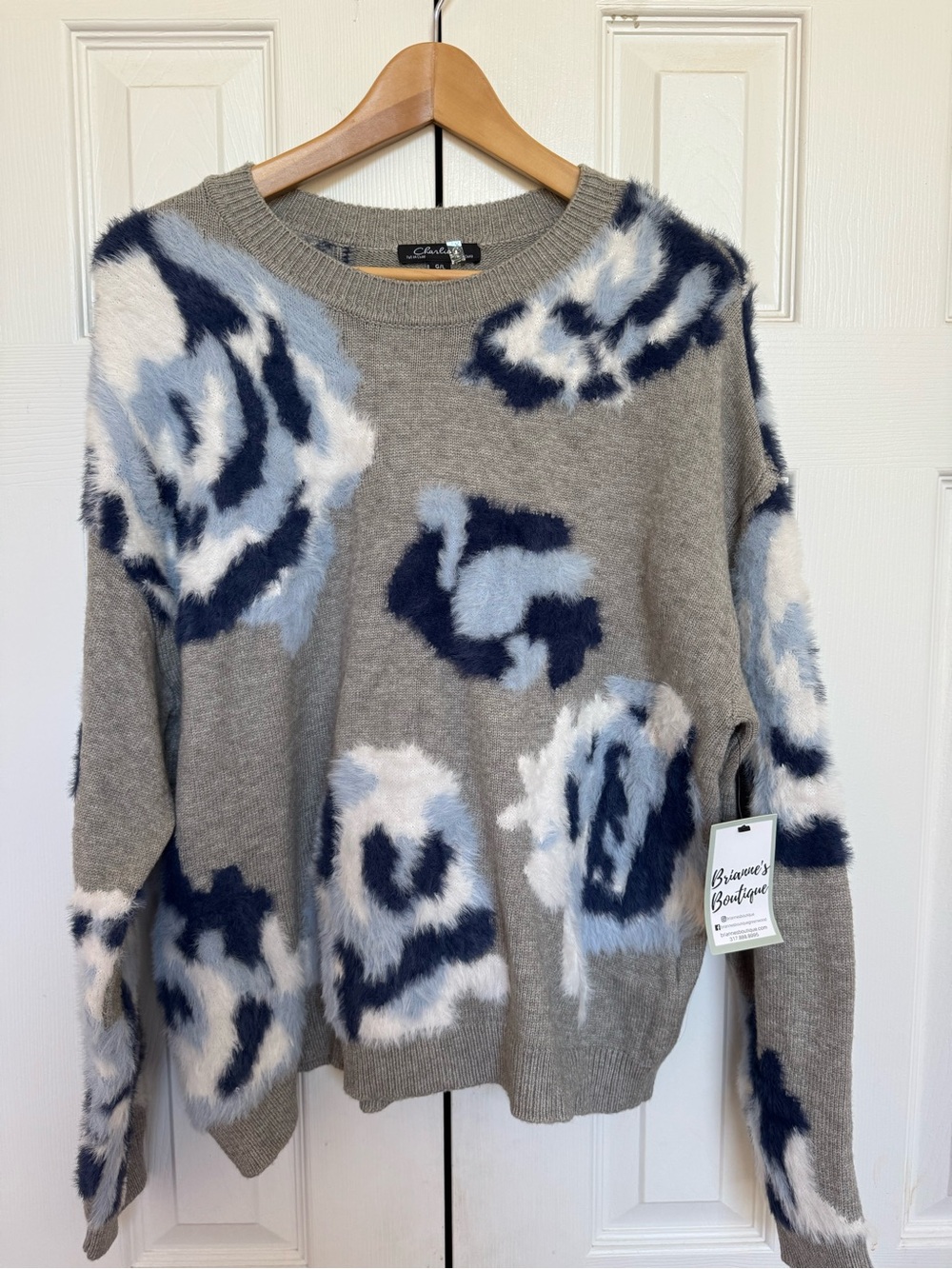 NWT CHARLIE B Sweater Women’s L Navy Gray and Light Blue Floral Patches Fuzzy